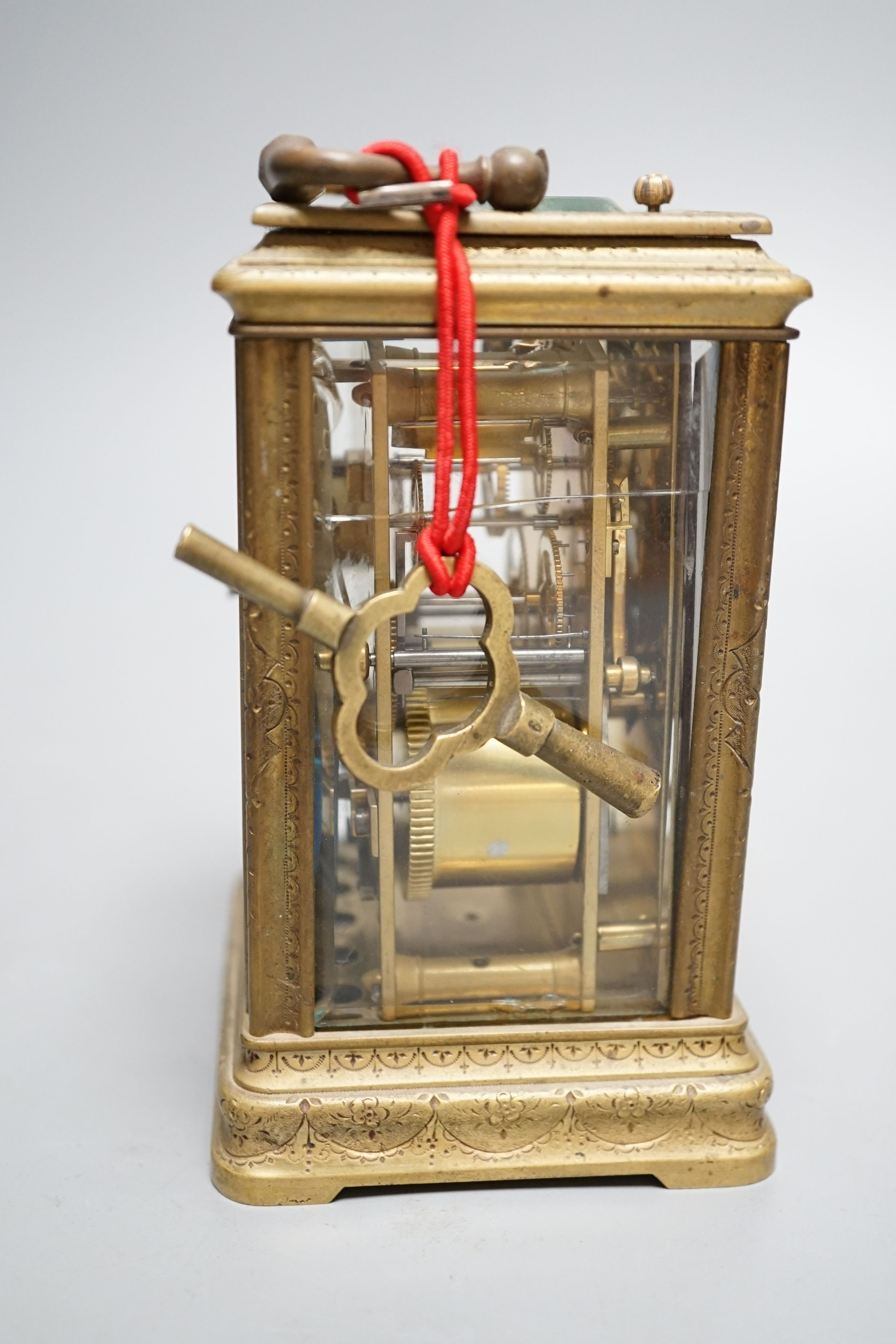 A late 19th century French engraved brass repeating carriage clock